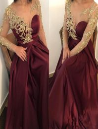 2020 New Burgundy Satin A Line Long Evening Dresses 2019 Sheer Long Sleeves Gold 3D Floral Lace Applique Beaded Floor Length Prom 4867637