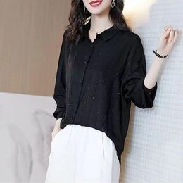 Women's Blouses Female Clothing Korean Loose Shirt Polo-Neck Casual Fashion Single-breasted Diamonds Spring Autumn Commute Long Sleeve