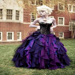2020 New Purple and Black Organza Taffeta Ball Gown Gothic Wedding Dress Corset Victorian Halloween Bridal Gowns Custom Made225t