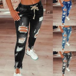Womens Stretch Skinny Ripped Hole Washed Denim mom Jeans Female Slim Jeggings High Waist Pencil Pants Trousers 240311