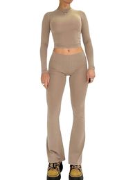 Women s Lounge Sets Two Piece Outfits Basic Long Sleeve Crop Tee Tops Low Rise Flare Pants 2 Piece Yoga Tracksuit240311