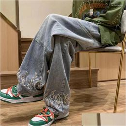 Men'S Jeans Mens Jeans Fashion Flame Embroidery Neutral Wide Leg Denim Trousers Loose Straight Youth Casual Baggy Hip Hop Drop Delive Dhq26