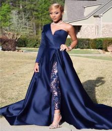 Navy Blue Saudi Arabia Evening Dresses One Shoulder Long Sleeve Women Formal Jumpsuits Prom Dresses Pant Suits A Line Plus Size Pa3794906