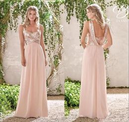 Rose Gold Bridesmaid Dresses A Line Spaghetti Backless Sequins Chiffon Cheap Long Beach Wedding Guest Bridesmaids Dress Maid of Ho8478665