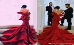 Fabulous Dark Red Prom Dresses Sexy Off the Shoulder Big Bow Backless Celebrity Party Gowns Dubai Satin Chapel Train Evening Dress1976743