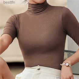 Women's T-Shirt Basic Cotton T Shirt Women Turtleneck Slim Tshirt Short Sle T-shirts Fe Casual Elasticity White Tee Shirt Femme Woman Top 240311