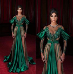 Dark Green Evening Dresses Sheer Jewel Neck High Side Split Long Sleeve Mermaid Prom Dress Satin Saudi Arabia Celebrity Red Carpet7146133