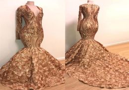 Gold Sequins Lace Mermaid Long Prom Dresses 2019 Long Sleeves V Neck 3D Floral Floor Length Evening Party Gowns BC13739101589