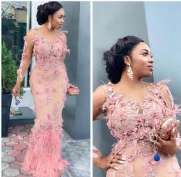 Luxurious Aso Ebi Arabic Mermaid Evening Dresses Lace Beaded Long Sleeves Prom Dress Feather Formal Party Second Reception Gowns5210538