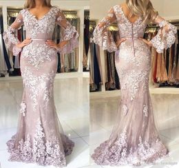 Elegant Blush Pink Appliques Lace Long Mermaid Prom Dresses V Neck Long Flare Sleeves Floor Length Formal Evening Gowns Custom Siz9185370