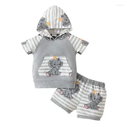 Clothing Sets Baby Boy Girl Stripes Elephant Shorts Set Short Sleeve Hooded Top With Pockets Cute Toddler Clothes 3-24M