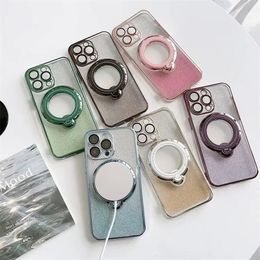 Glitter Transparent Ring Holder Phone Cases 15plus 14 13 12 11 Pro Max Wireless Charge Magnetic Camera Soft Plating bling Cover 848DD