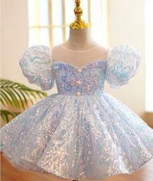 Light Blue Jewel Knee-length Sequin Lace Flower Girls' Dresses Short Sleeve Kids Formal Wear