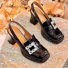 Dress Shoes Rhinestone Square Buckle Slingback Mary Janes Women High Heels 2024 Summer Chunky Baotou Crystal Sandals Pumps Lady