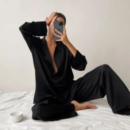 Capris 2pcs Set Satin Silk Pamas Set for Women Low Cut Sleepwear Sexy Singlebreasted Long Sleeves Wide Leg Pants Trouser Suits