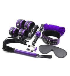 8PCSLot Purple Mix Color Pu Leather Bondage Restraints Adult Game Bdsm Sex SetNipple Clamps Rope Cuffs Collar Sex Whip7043145