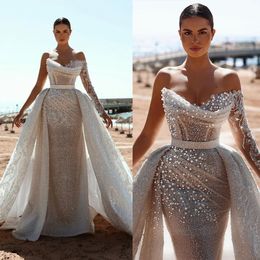 Classic Wedding Dress One Shoulder Mermaid Bridal Gowns with Detachable Train Pearls Illusion Bride Dresses Sweep Train Custom Made