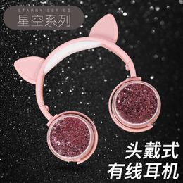 Cell Phone Earphones New cat ear quicksand headset wired gift school lecture game folding belt wheatH240312