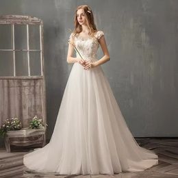 Elegant Wedding Dress Scoop Sheer with Applique Lace-up Back Sweep Train Bridal Gowns Layers Tulle with Floral Applique