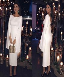 White SatinTea Length Sheath Cocktail Dress Elegant Arabic Long Sleeves Backless Women Formal Party Gowns Short Evening Dresses5757104