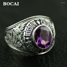 Cluster Rings BOCAI Real S925 Silver Purple Precious Stone Vintage Totem Mature Individuality Fashion Man's Ring Holiday Gifts