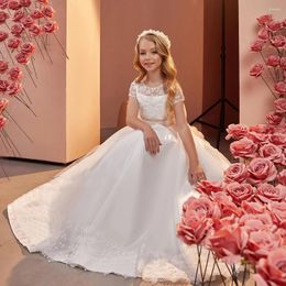 Girl Dresses Satin Applique Flower Dress For Wedding Lace White Floor Length With Bow Kids Birthday Ball Gowns First Communion