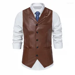 Men's Vests Vintage Leather Vest Men 2024 Lapel Sleeveless Casual Waistcoat Business Dress Suit XXL
