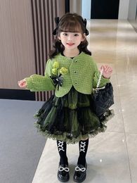 Girls Clothing Sets for 1-10Ys Winter Glitter Mesh Dress Tops Princess Kids Tweed Teen Autumn Designed Outfits Classic Child 240229