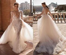 2019 Berta Mermaid Backless Beach Wedding Dresses Deep V Neck Overskirt Long Sleeves Bohemian Bridal Gowns Plus Size Boho Vestidos6018207