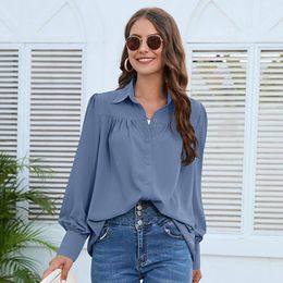 Women's Blouses Autumn Casual Shirts For Women Solid Colour Elegant Office Lady Ruched Folds Full Sleeve Chiffon Female Blouse Loose Tops