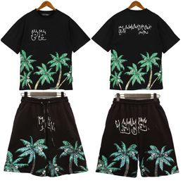 PA 23Ss Angel Spring/Summer New Men's Palm Tree Print Pullover Cotton High Street Trendy Unisex T-Shirt Set