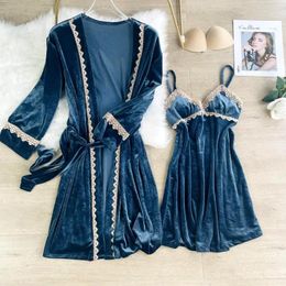 Women's Sleepwear Women Lace Floral Robe Sets 2PCS Velour Bride Rayon Dressing Gown Sexy Sleepshirt Bathrobe Autumn Loose Underwear Homewear