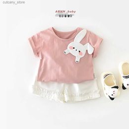 T-shirts Summer Korean 2024 Ins Baby Girls T-shirts Cotton Rabbit Patched Short Sleeve Infant Girl Tees Toddler Girls Tops Outfits L240311