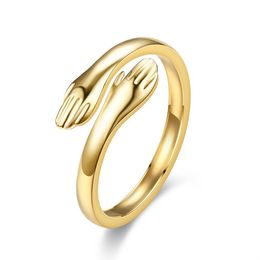 Stainless Steel Hand Love Hug Finger Rings Open Adjustable Wedding Engagement Ring Band for Women Girls Fashion Jewellery