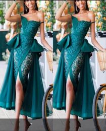 Hunter Green See Through Evening Dresses Peplum Lace And Tulle Front Split Cocktail Party Dress Beads Pearls African Mermaid Eveni4391502