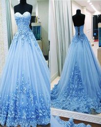 New Ball Gown Evening Dresses Sweetheart Appliques Tulle Backless Bandage Light Blue Prom Gowns Quinceanera Dresses Sweet 16 Dress4194884