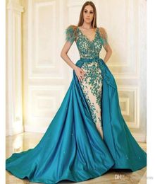 2020 Detachable Train Feather Evening Dresses Scoop Neck Beaded Overskirt Mermaid Celebrity Dress With Lining Satin Arabic Dubai F6090720