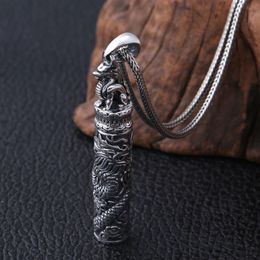 S990 Sterling Silver Vintage Memorial Thai silver ancient Bottle Jewelry Dragon Design Punk Mens Pendant Holder Ash Urn Necklace290g