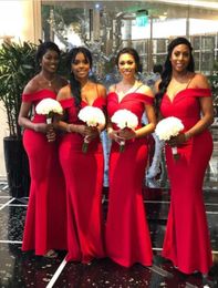 2019 Red African Mermaid Bridesmaid Dresses Off The Shoulder Spaghetti Sweetheart Satin Floor Length Custom Made Party Maid of Hon6750762