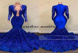 Royal Blue Mermaid Prom Dresses Sparkly Lace Sequins Long Sleeves Black Girls African Celebrity Evening Gown1834250