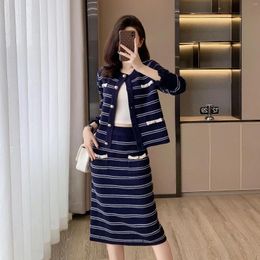 Work Dresses High Quality Women Knitted Suits Autumn Winter Single Breasted Striped Tassel Long Sleeve Sweater Cardigan Pencil Skirt