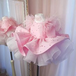 Cute Toddler Flower Girl Dresses Satin Pearls Bow Feather Wedding Birthday Ball Gown Tulle Ruffles Beaded Princess Party Dress 240306