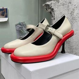 Dress Shoes Fashion Colour Blocking High Heel Round Toe Belt Buckle Mary Janes Designer Women's Leather Platform Spring 2024