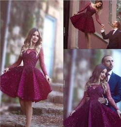 Blingbling Long Sleeves A Line Short Burgundy Sheer Bateau Neck Beaded Beading Prom Dresses Homecoming Dress Knee Length Party Gow9959872