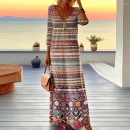 Casual Dresses Spring Long Dress Women Maxi Bohemian V Neck For Retro Ethnic Print Sleeve A-line Striped Pullover