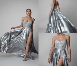 Berta 2019 Silver Prom Dresses Sweetheart Glitters Satin High Thigh Split Evening Gowns Plus Size Abendkleider Beach Boho robes de4564961