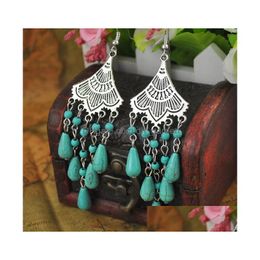 Charm Vintage Style Statament Sier Plated Alloy Fan Shape Drop Turquoise Dangle Earrings Delivery Jewelry Dhgarden Dhsqw