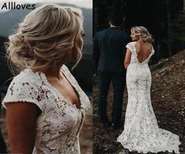 Rustic Country Lace Mermaid Wedding Dresses Sexy V Neck Cap Sleeves Boho Garden Bridal Gowns Sexy Open Back Sweep Train Trupet Bri1592934