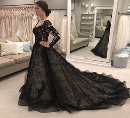 Black Wedding Dresses for Bride Bridal Gowns 2021 Long Sleeve V Neck Backless Sweep Train Lace Illusion Bodice Garden Country Chap7903938