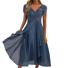 Casual Dresses Summer Elegant Short Sleeve Lace V Neck Chiffon Maxi Dress Women Solid Party A-Line Sexy Long Boho Floral Vestidos